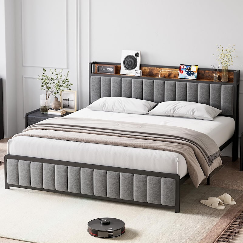 Full Size Bed Frame with Storage Headboard, Upholstered Platform Bed with USB Ports & Outlets - Gray - Full