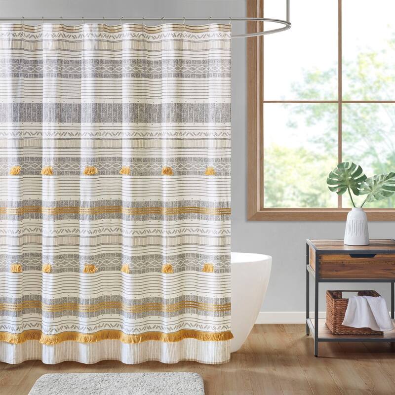 Cotton Stripe Printed Shower Curtain with Tassel - Grey+Yellow