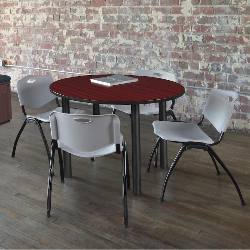 42" Round Breakroom Table- Mahogany/ Black & 4 'M' Stack Chairs- Grey