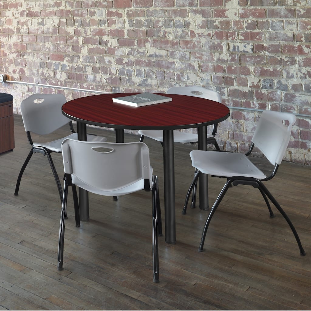 42" Round Breakroom Table- Mahogany/ Black & 4 'M' Stack Chairs- Grey