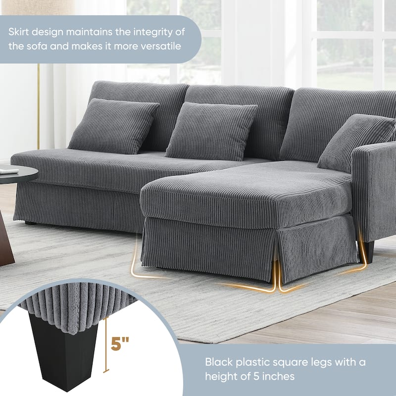 Modern L-Shaped Sofa with Reversible Chaise, 87" Corduroy Upholstered Sectional Sofa with Pillows