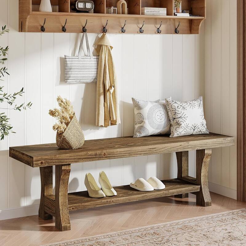 Solid Wood Entryway Bench, 55" End of Bed Bench, Long Indoor Dining Seat - 55.1" W x 13.8" D x 17.7" H - Dark Brown