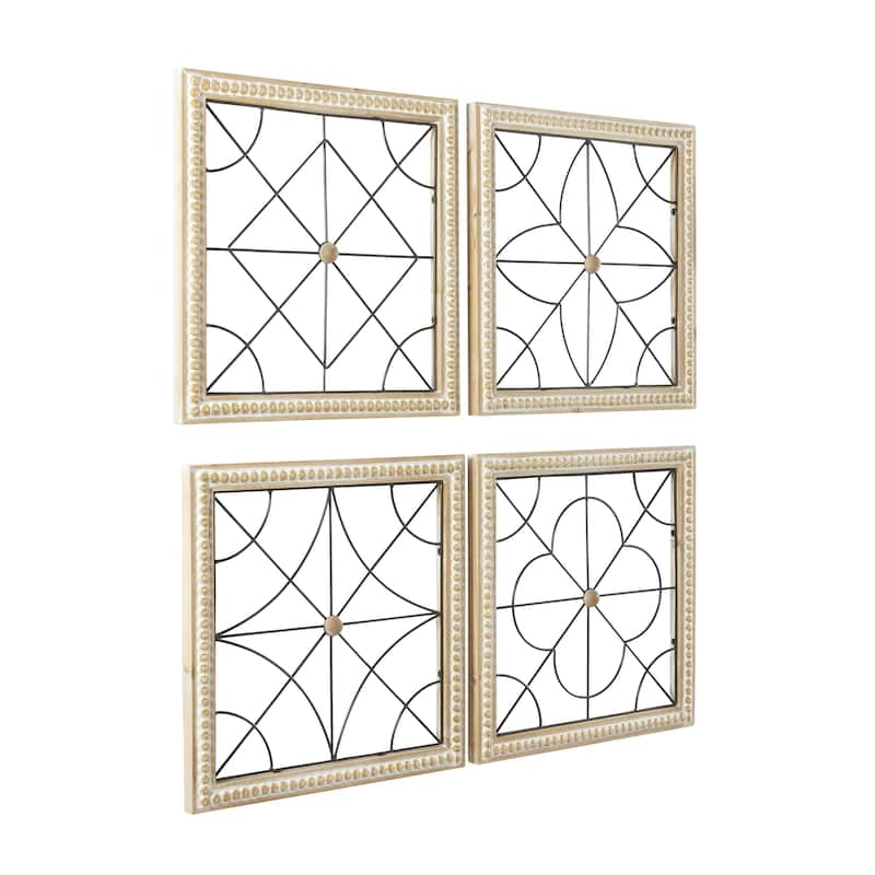 Wood Geometric Carved Beading Home Wall Decor with Metal Wire - Set of 4 Brown - Roche River Decor