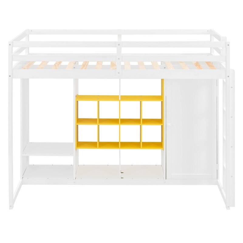 Twin/Full Size Loft Bed with Wardrobe and Cabinet, Wooden Loft Bedframe with Storage Shelves, Ladder and Guardrail for Kids