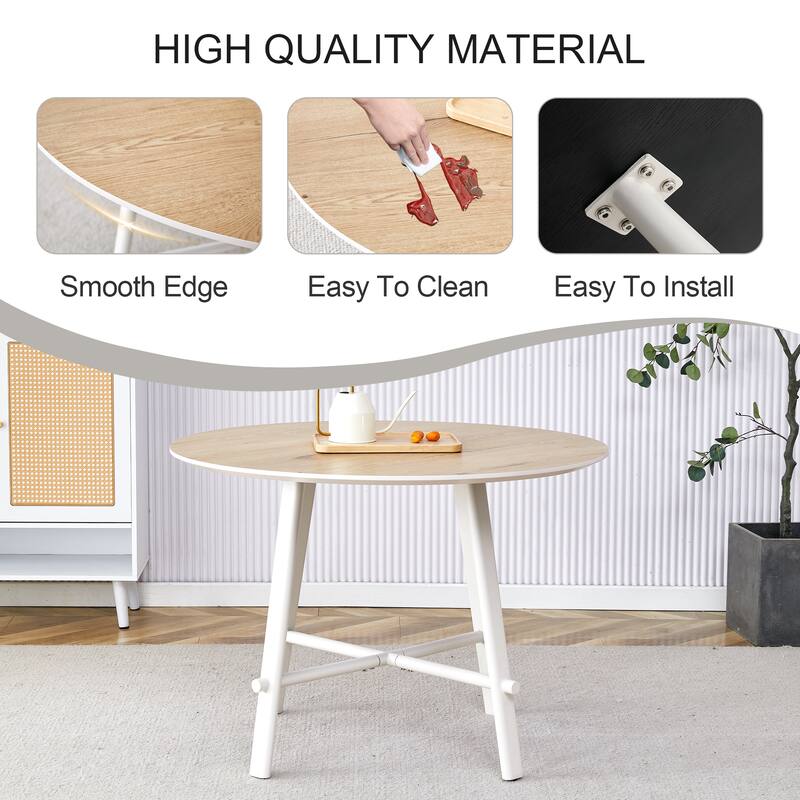 Roomfitters Modern Round Dining Table with 42 Inch Wood Pattern Top and White Metal Legs for Home or Office
