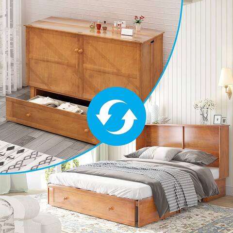 Cabinet Bed, Queen Size Murphy Bed with USB Charging Station& Large Drawers&3 Level Folding Foam Mattress