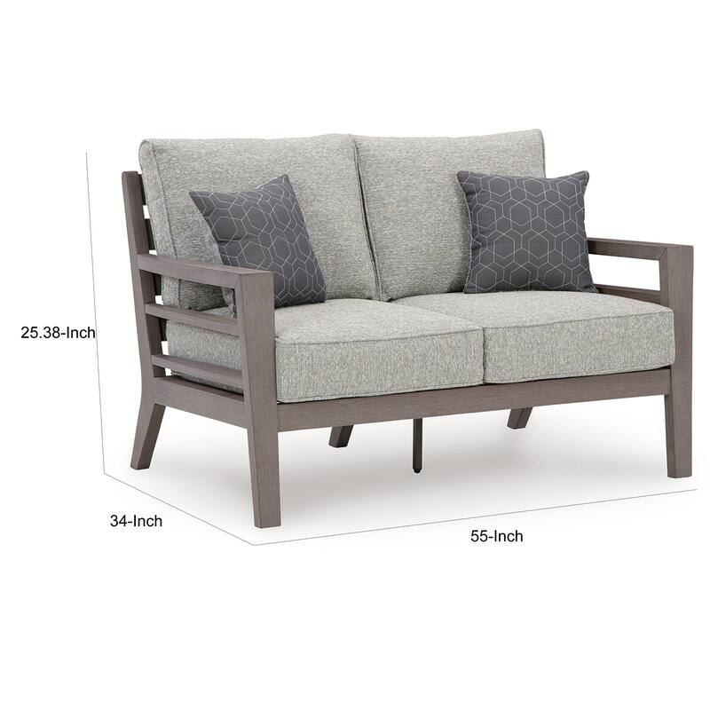 Karo 55 Inch Outdoor Loveseat, Cushioned Seating, Gray, Brown Finish