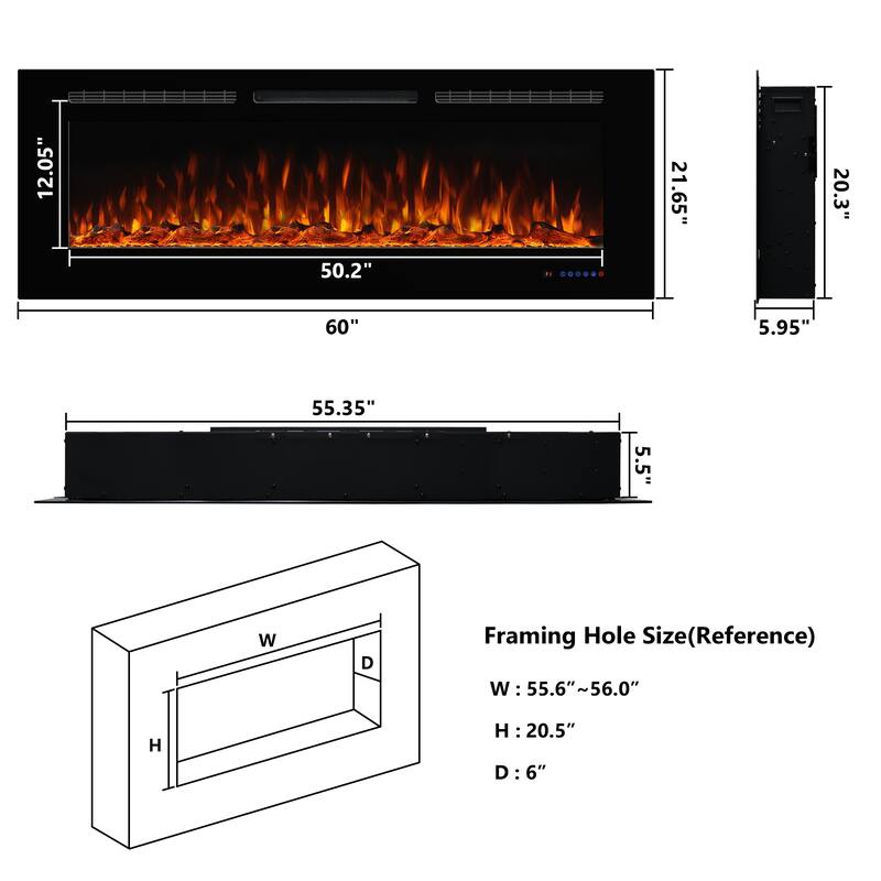 72in Wall-Mounted & Recessed Electric Fireplace Inserts - 60in