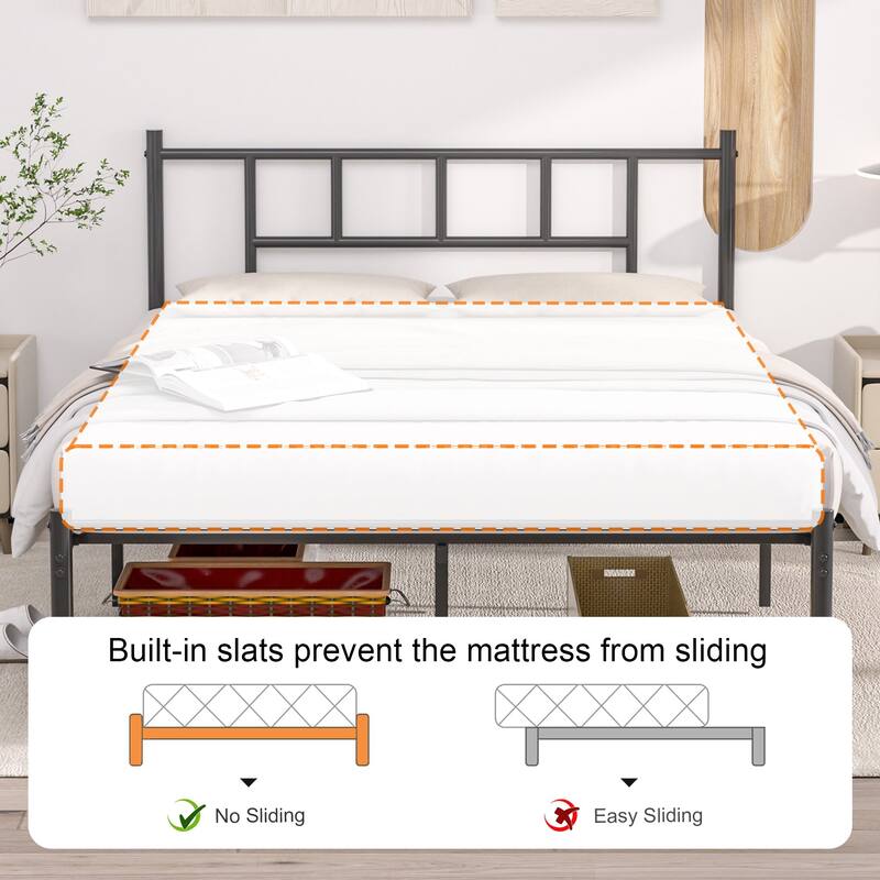 14 Inch Queen Size Metal Bed Frame with Headboard, Iron-Art Platform Bed No Box Spring Needed/Mattress Foundation for Storage
