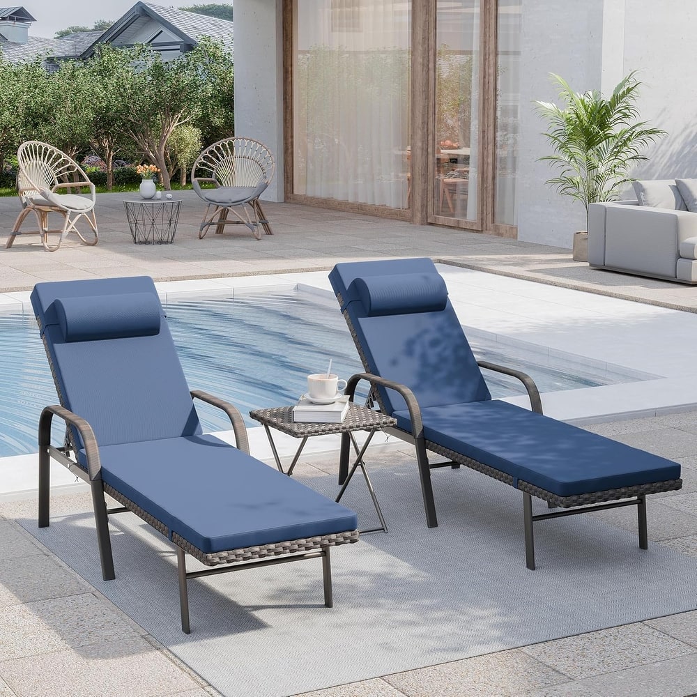 3-Piece Outdoor Wicker Chaise Lounge with Armrests and Cushions