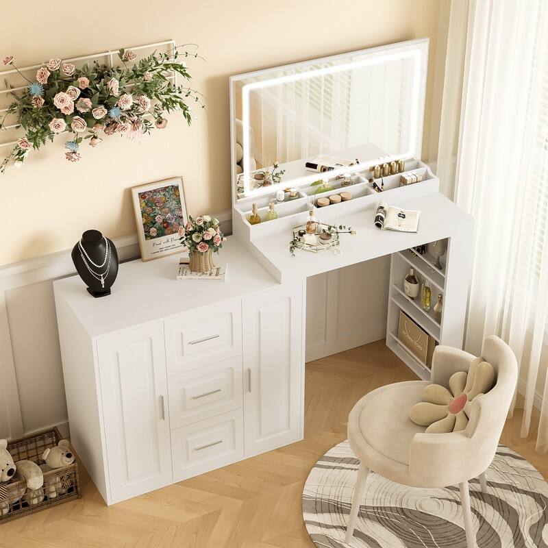 59" Makeup Vanity Desk with Mirror and Lights, Dressing Table with 3 Drawers and 2 Cabinets, Storage Shelves for Bedroom