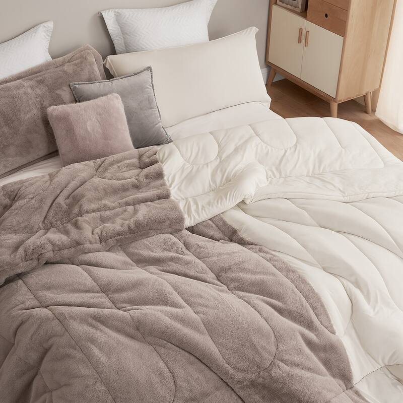 Opposites Attract® - Coma Inducer® Oversized Comforter Set - Plush Brown Bear + Cooling Beige Cream