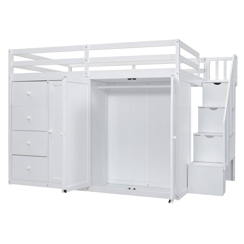 Full Loft Bed w/ Storage Staircase, 4 Drawers, Cabinet, Two Wardrobes