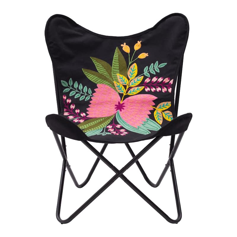 Black and Pink Tropical Flower Accent Chair with Soft Cushion for Home Decor - 26” x 25.2” x 35”