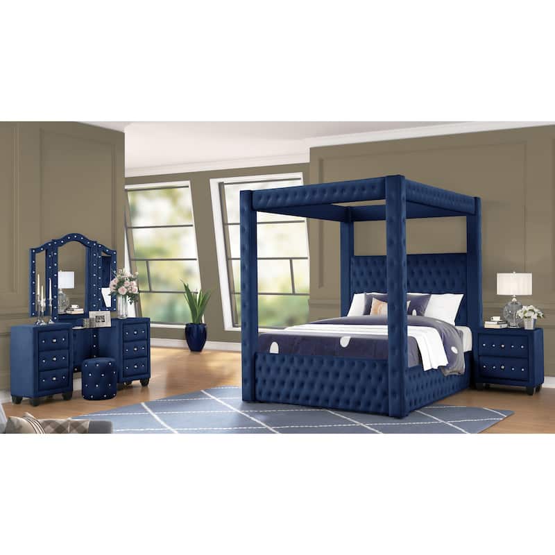 Monica Modern Style Crystal Tufted 4PC/5PC Vanity Bedroom Set Made with Wood