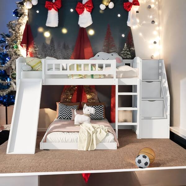 slide 2 of 38, Stairway Twin over Twin Bunk Bed with Two Drawers, Convertible Ladder and Slide, Sturdy and Durable White
