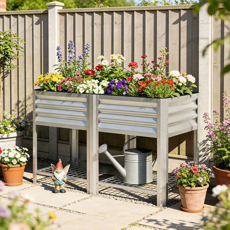 Outsunny Galvanized Steel Raised Garden Bed with Storage Shelf and Bed Liner, Elevated Planter Box with Legs - Silver