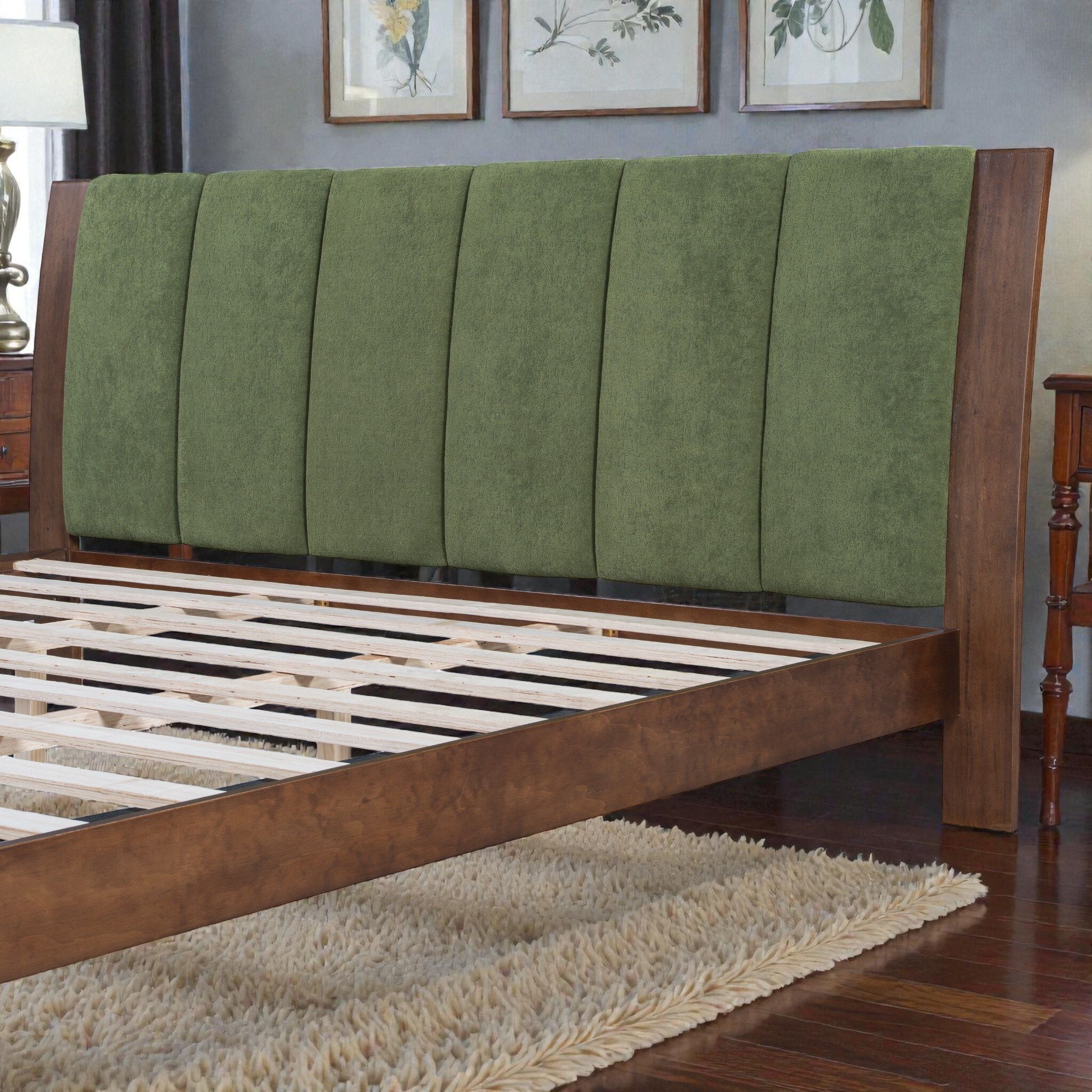 Premium Pine Wood Queen/King Bed Frame with Headboard, Mid Century