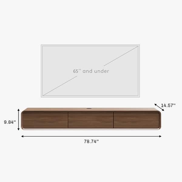 dimension image slide 5 of 12, Floating Modern TV Stand for Living Room, Wall-Mounted Entertainment Center with Storage Drawers, Solid Wood, Fully-Assembled