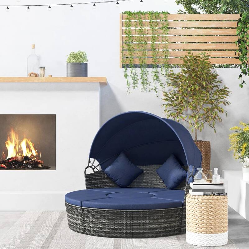 4PCS Rattan Furniture Set, Round Convertible Patio Daybed or Sunbed - Dark Blue