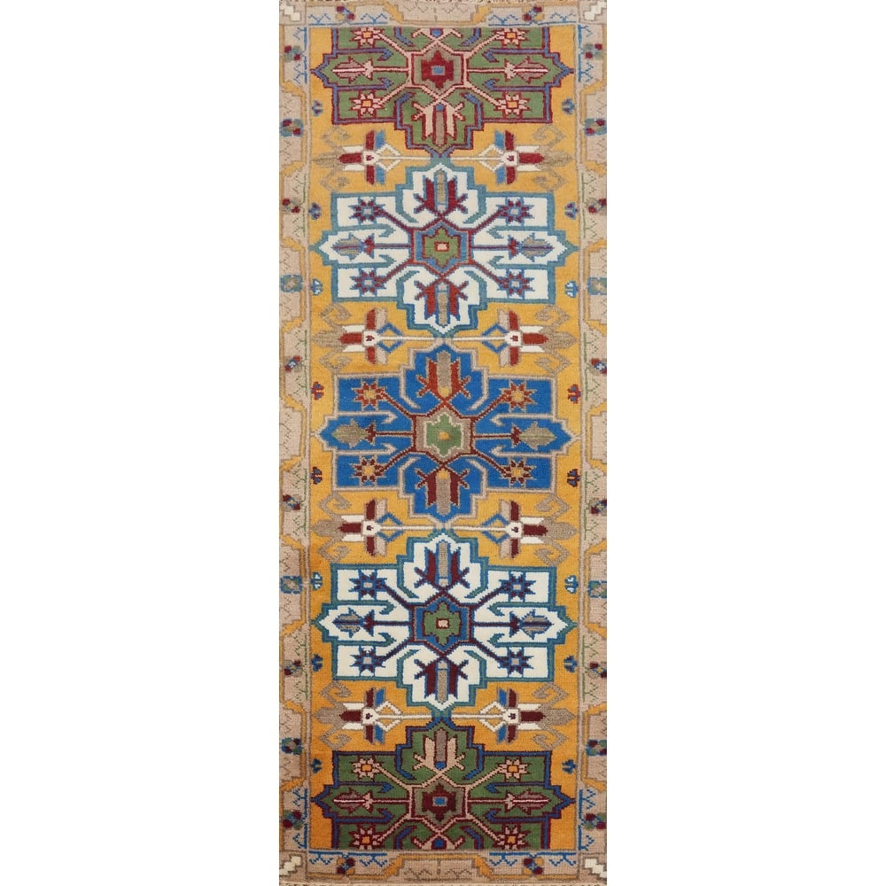 Hand Knotted Oriental 100% Wool Carpet Traditional Geometric Oranges & Rust Kazak Runner Rug - 7' 9'' X 2' 5''