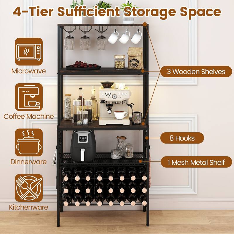 Gymax 3-Tier Wine Rack Coffee Bar Station w/Power Outlets Hooks Glass