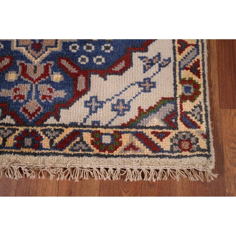 Geometric Kazak Runner Rug Hand-Knotted Beige Wool Carpet - 2'6"x 9'10"