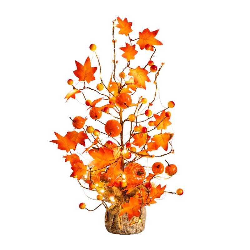 Pre-Lit Autumn Maple Artificial Fall Tree with Pumpkin Ornaments - 18" - Warm White LED String Lights