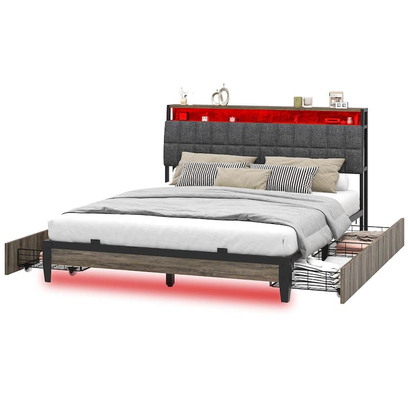 Moasis Rustic Grey Storage Platform Bed Frame with Storage Headboard with Power Outlets and 4 Drawers