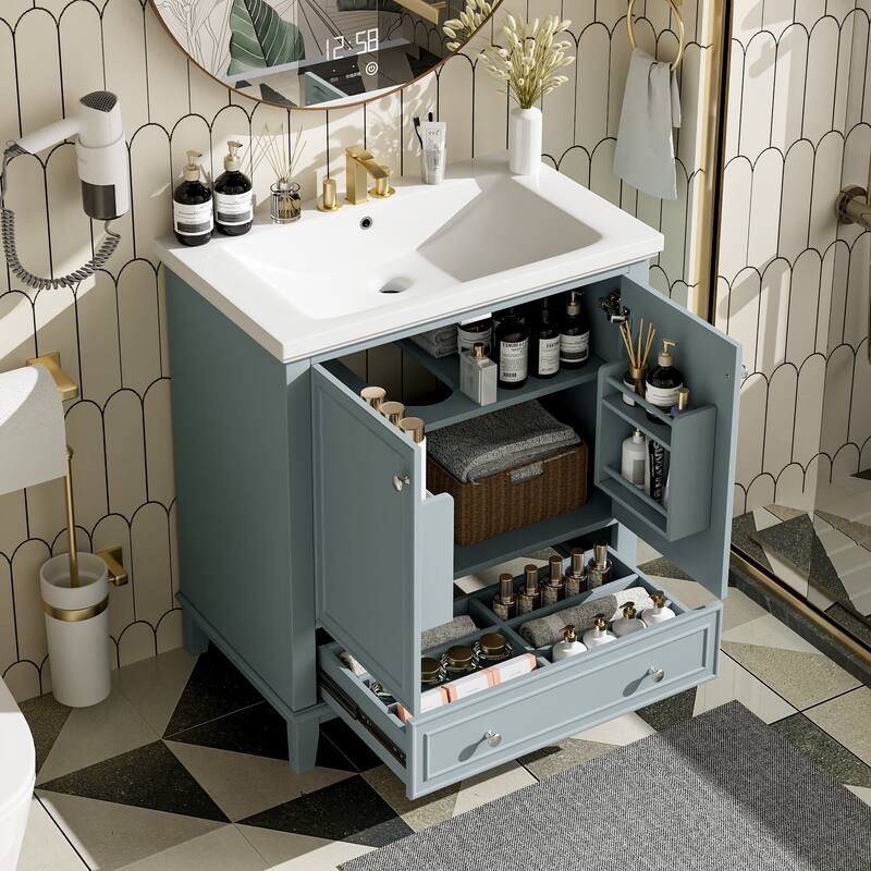 Bathroom Vanity with Ceramic Sink, Solid Wood & MDF Base, 1 Drawer & 2 Doors, Adjustable Shelf - 30in L Solid Wood+MDF