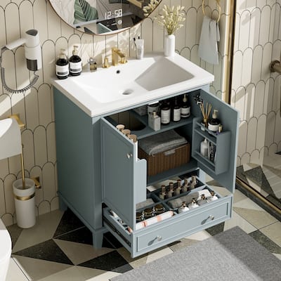 Vintage 30" Green Bathroom Vanity,Bathroom Cabinet with Sink,Doors and Drawer,Solid Frame and MDF Board