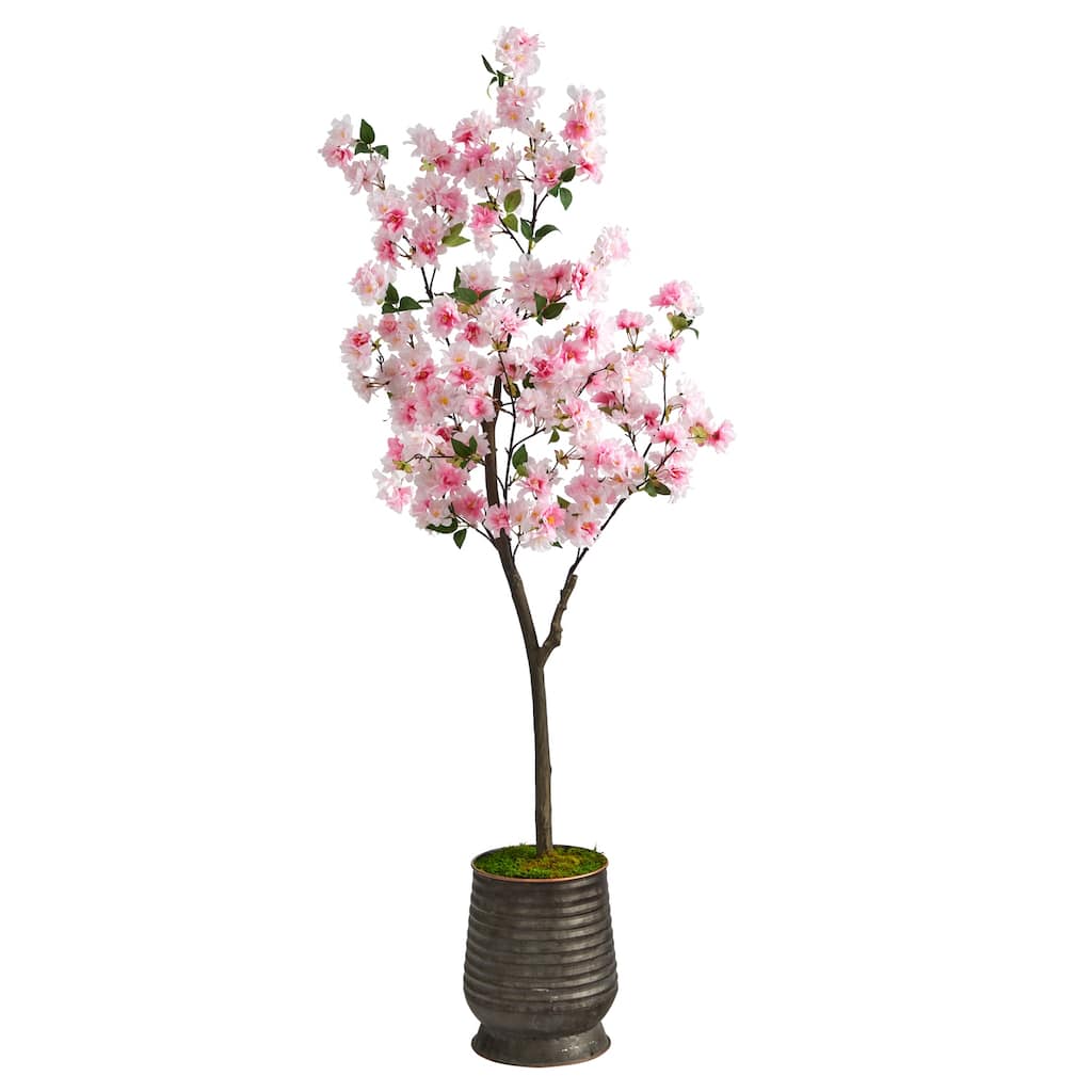 5.5ft Cherry Blossom Artificial Tree in Ribbed Metal Planter with Pink Blossoms and Green Leaves for Elegant Spaces