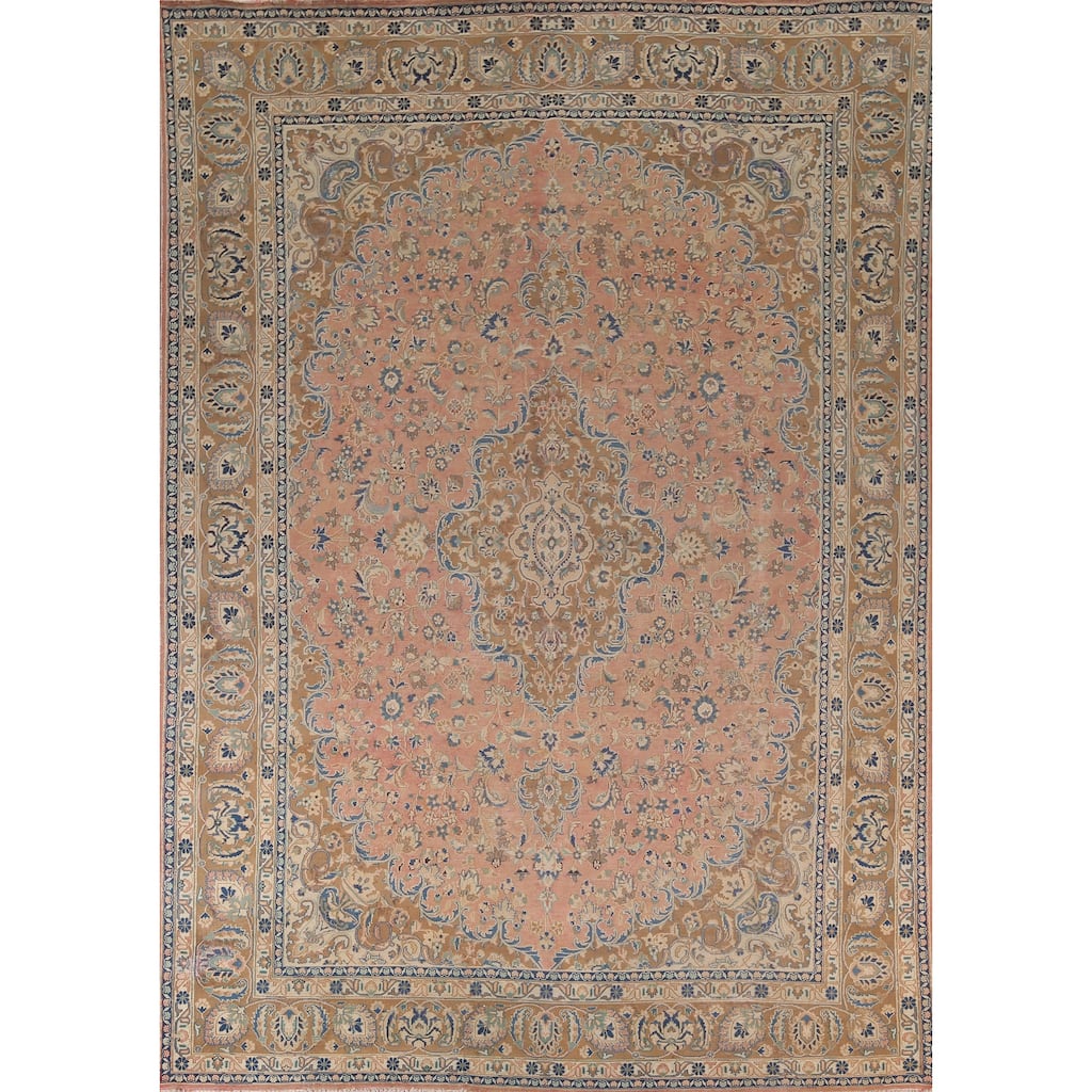 Distressed Light Pink Floral Mashad Persian Vintage Wool Carpet - 9'5"x 12'5"