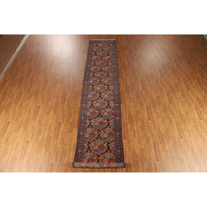 Hand Knotted Oriental 100% Wool Carpet Traditional All-Over Navy Blue & Blues Senneh Runner Rug - 19' 3'' X 3' 5''