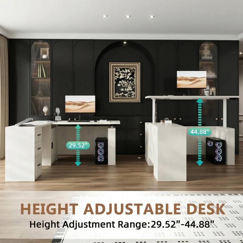 63" L Shaped Electric Standing Desk with Storage Drawers – Height Adjustable Executive Desk, Dark Brown Wood