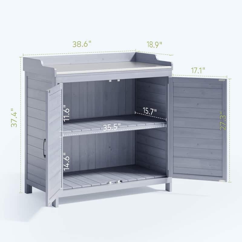 Outdoor Garden Storage Cabinet with Galvanized Top，Wooden Potting Bench Table Workbench with 2 Magnetic Close Doors