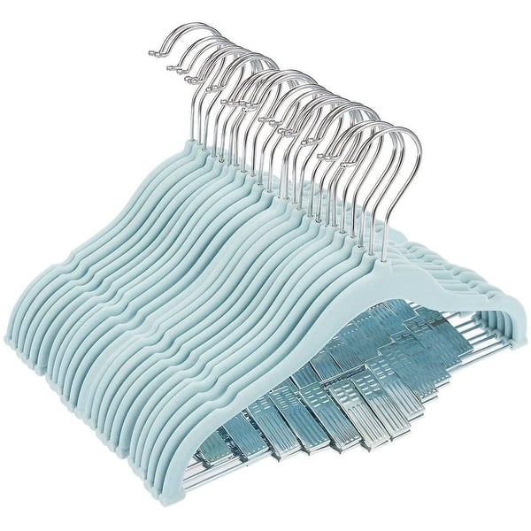 slide 2 of 6, Blue Velvet Clothes Hangers with Clips for Baby Nursery and Kids Closet, Ultra Thin, Nonslip (12 Inches, 24 Pack)