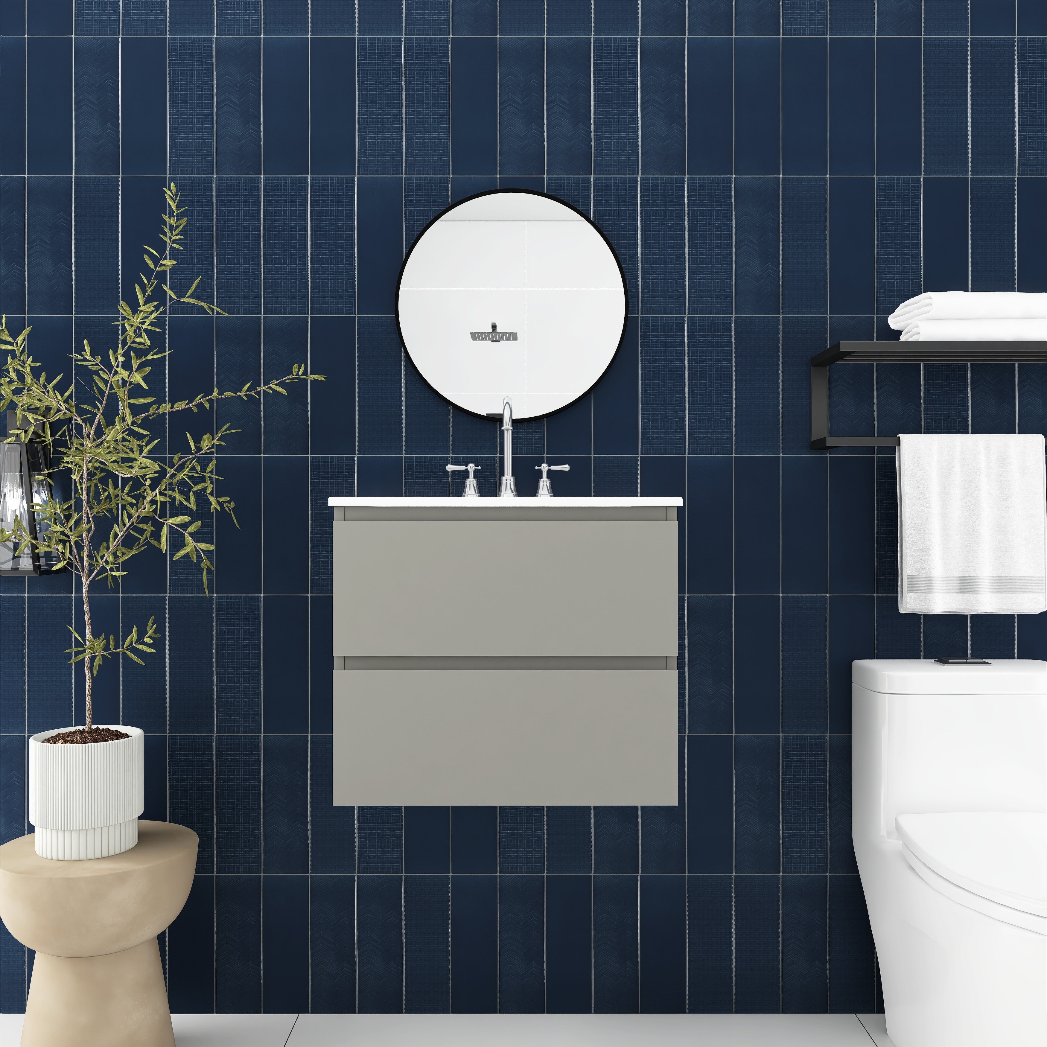 Wall-Mounted Integrated Bathroom Vanity with Ceramic Sink, Three Faucet Holes