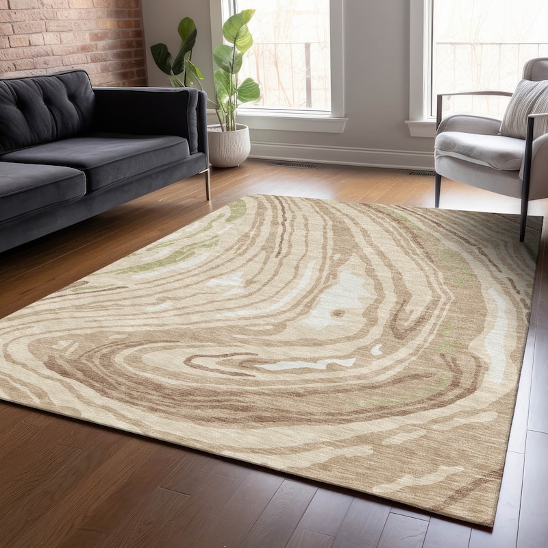 Machine Washable Indoor/ Outdoor Abstract Brushstrokes Chantille Rug - Beige - 10' x 14'