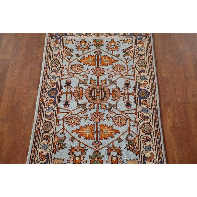 Light Blue Floral Heriz Serapi Oriental Accent Rug Wool Carpet - 2'11"x 5'1"
