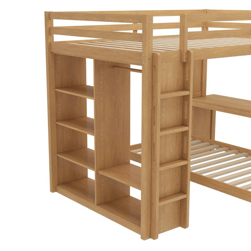 Queen Size Loft Bed & Twin Size Platform Bed Set, Wood Bunk Bed with Built-in Desk, Open Shelves and Wardrobe, Queen Over Twin