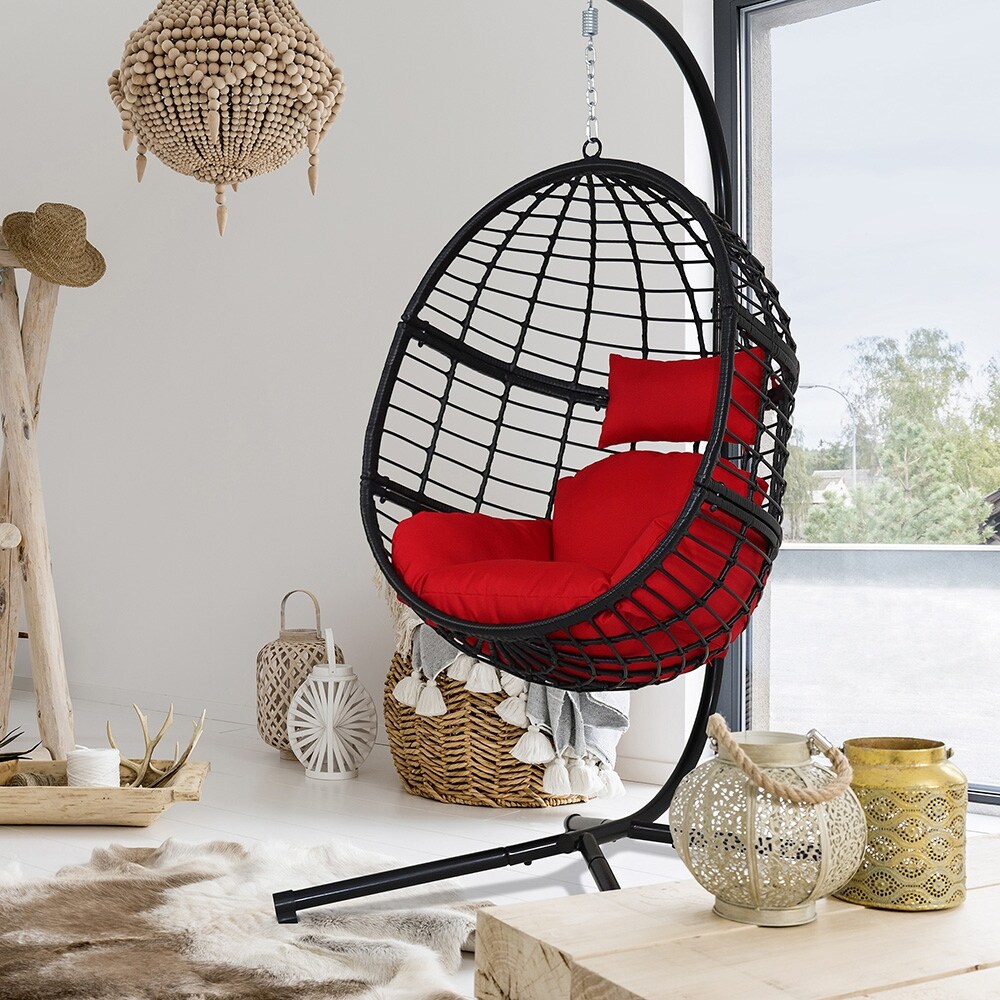 Havenside Home Agats Wicker Basket Swing Chair with Red Cushions