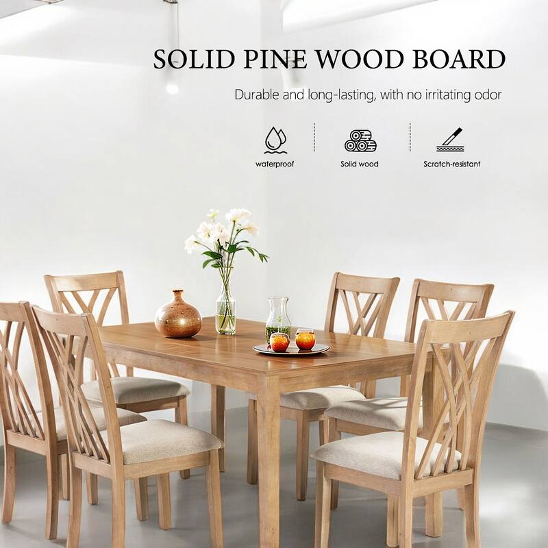 Modern 7-Piece Dining Table Set with 6 Wooden Chairs, 60" Rectangular Oak Table, Solid Wood Kitchen & Dining Room Furniture