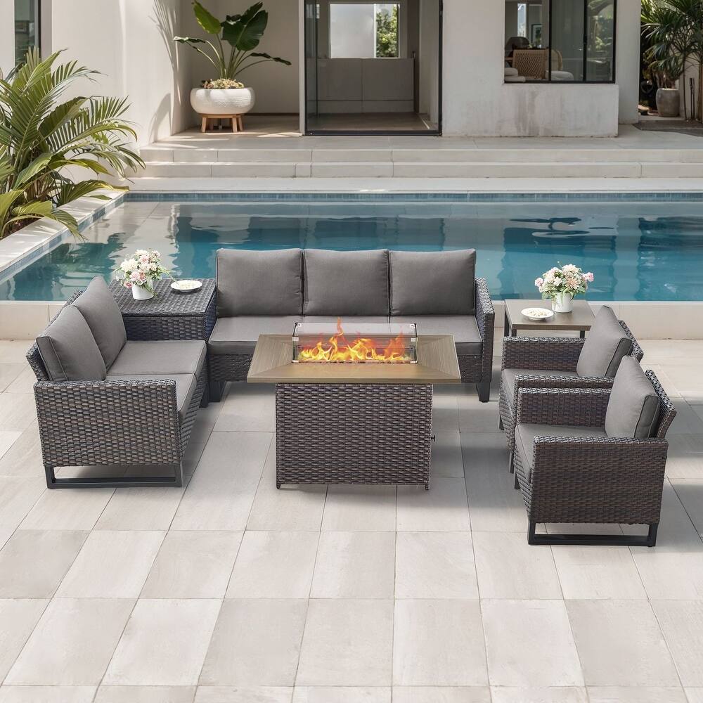 Gymojoy 7 Person All-Weather Wicker Outdoor Conversation Set Seating Group With Fire Pit Table