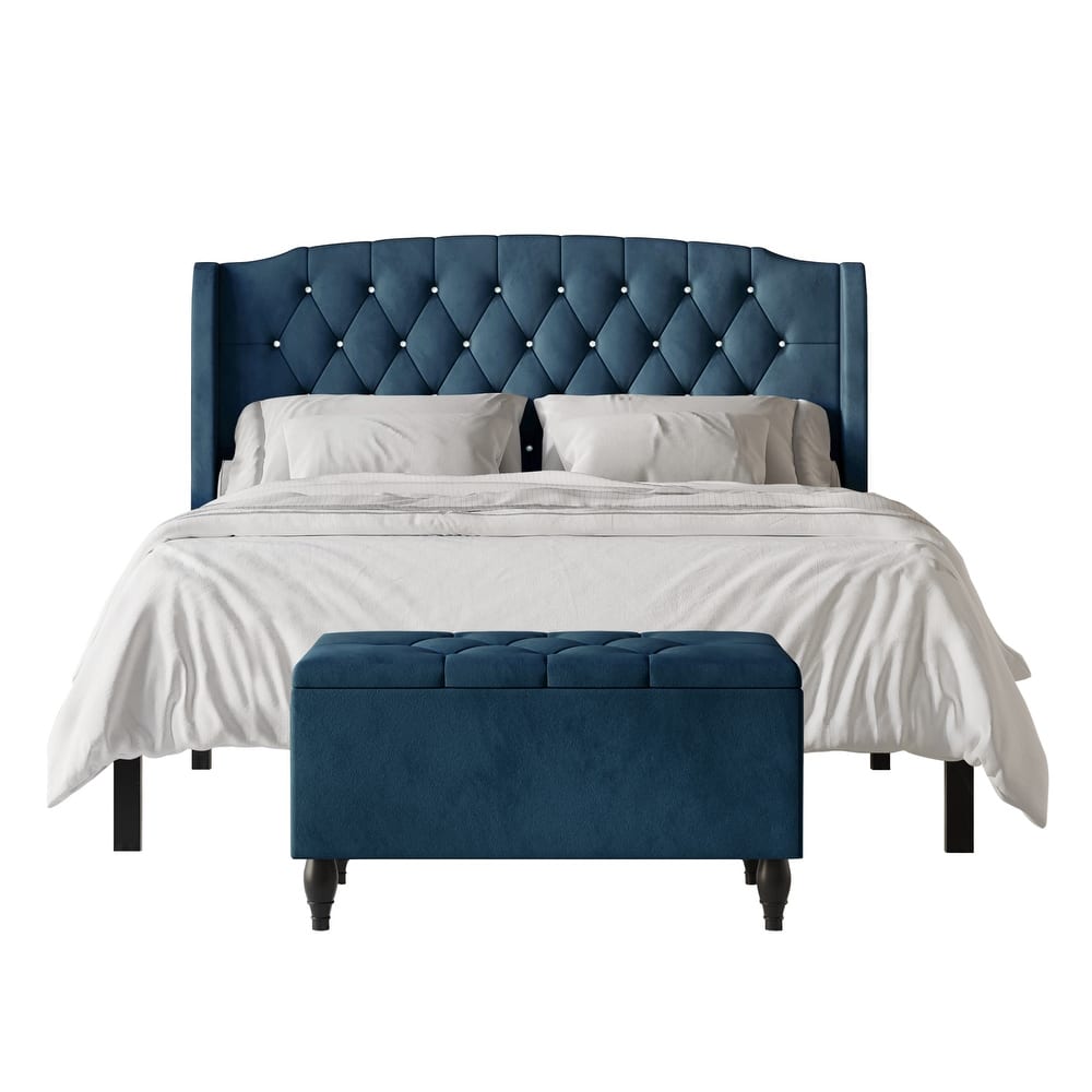 CraftPorch 2 Piece Bedroom Bench Set Velvet Wingback Upholstered Bed