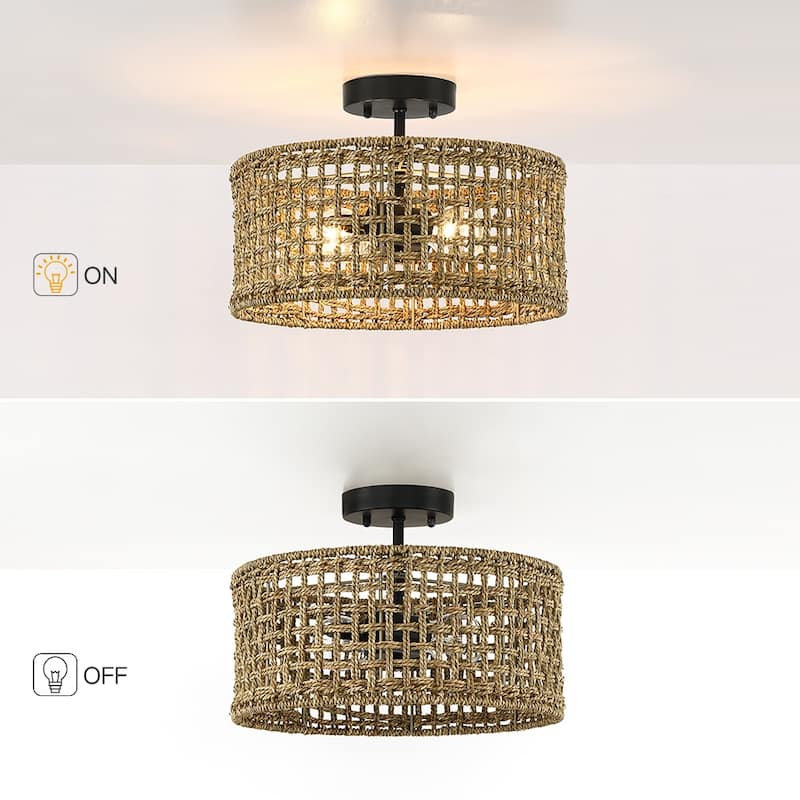 Randy 2-Light Rattan Drum Semi-Flush Mount Ceiling Light - 14"W