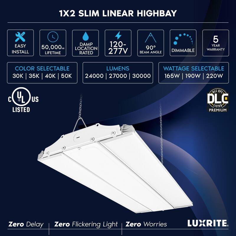 Luxrite 2FT Linear High Bay LED Shop Lights, 165/190/220W, Up to 30000LM, 4CCT, 0-10V Dimmable, 120-277V, DLC, UL 2 Pack