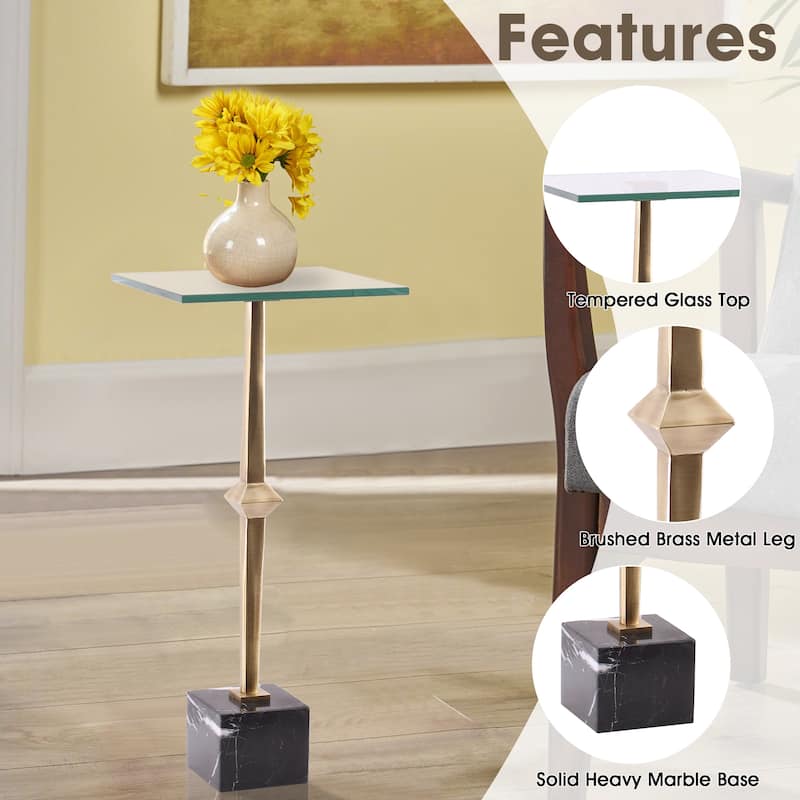 Antique Brass Square Glass Marble Pedestal Table Drink Table