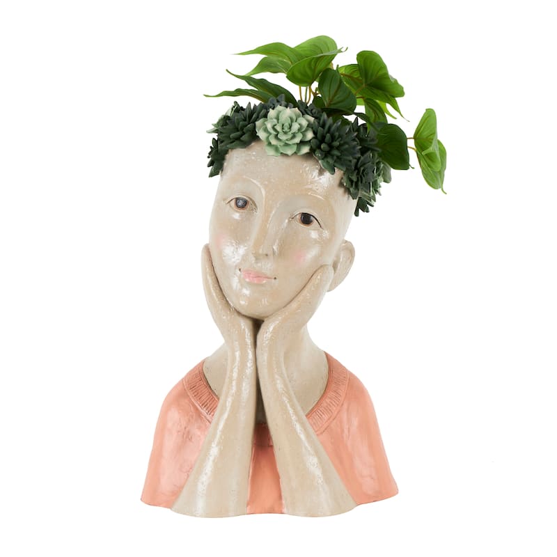 Beige Resin Bust Woman Planter with Succulent Crown and Top