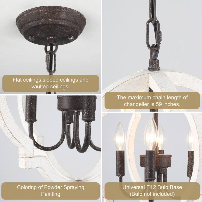4-Light W16.34" x H78.74" Wooden Lantern Rustic Chandeliers for Dining Room